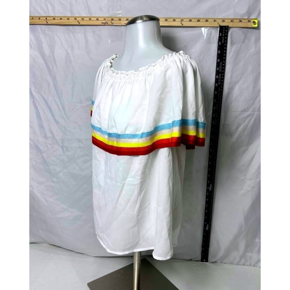 Entro~Women's White Rainbow Striped Ruffle Off Shoulder Overlay Blouse Top/Small - Picture 8 of 10